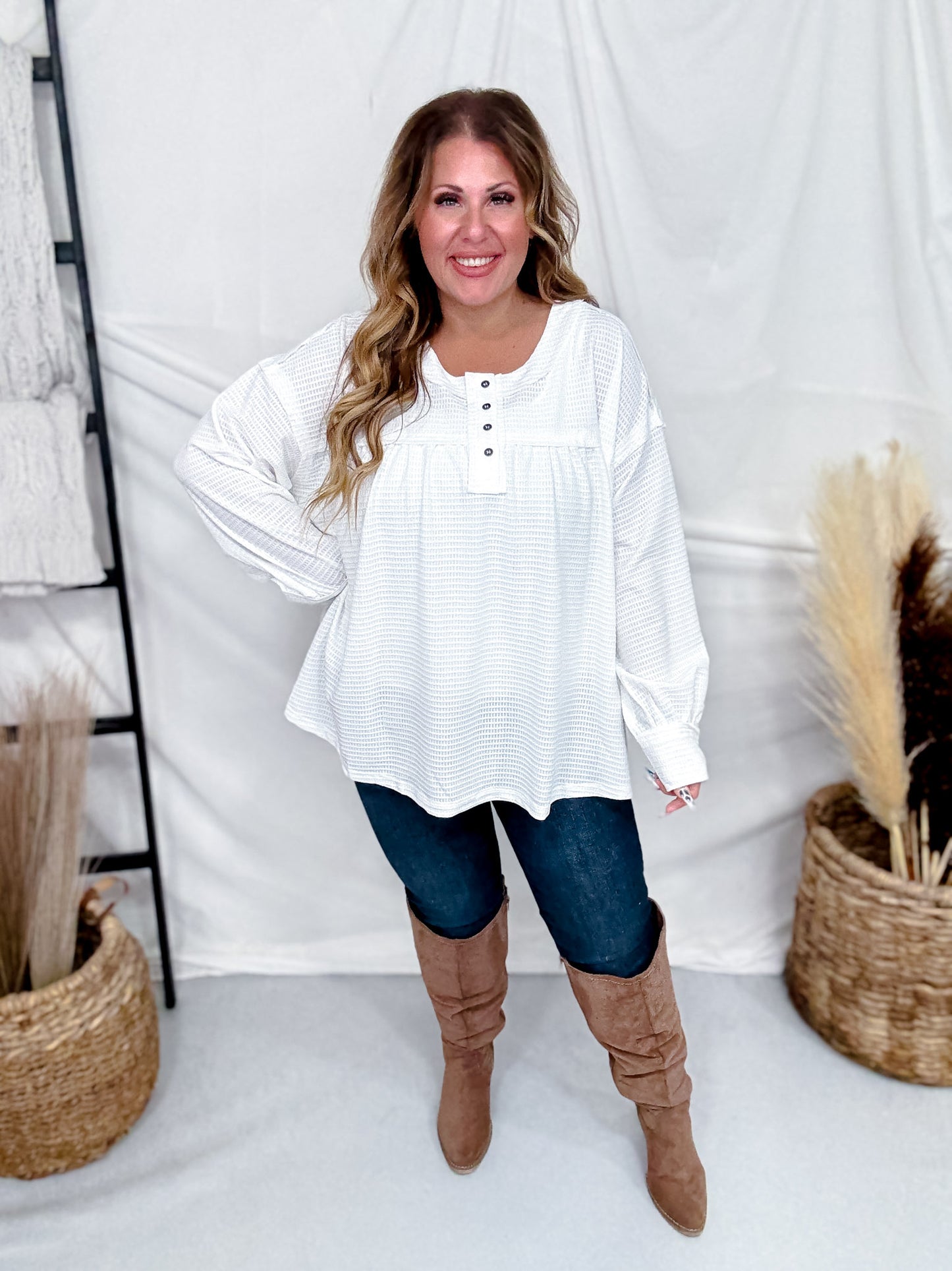 White Waffle Knit Long Sleeve Henley Top
