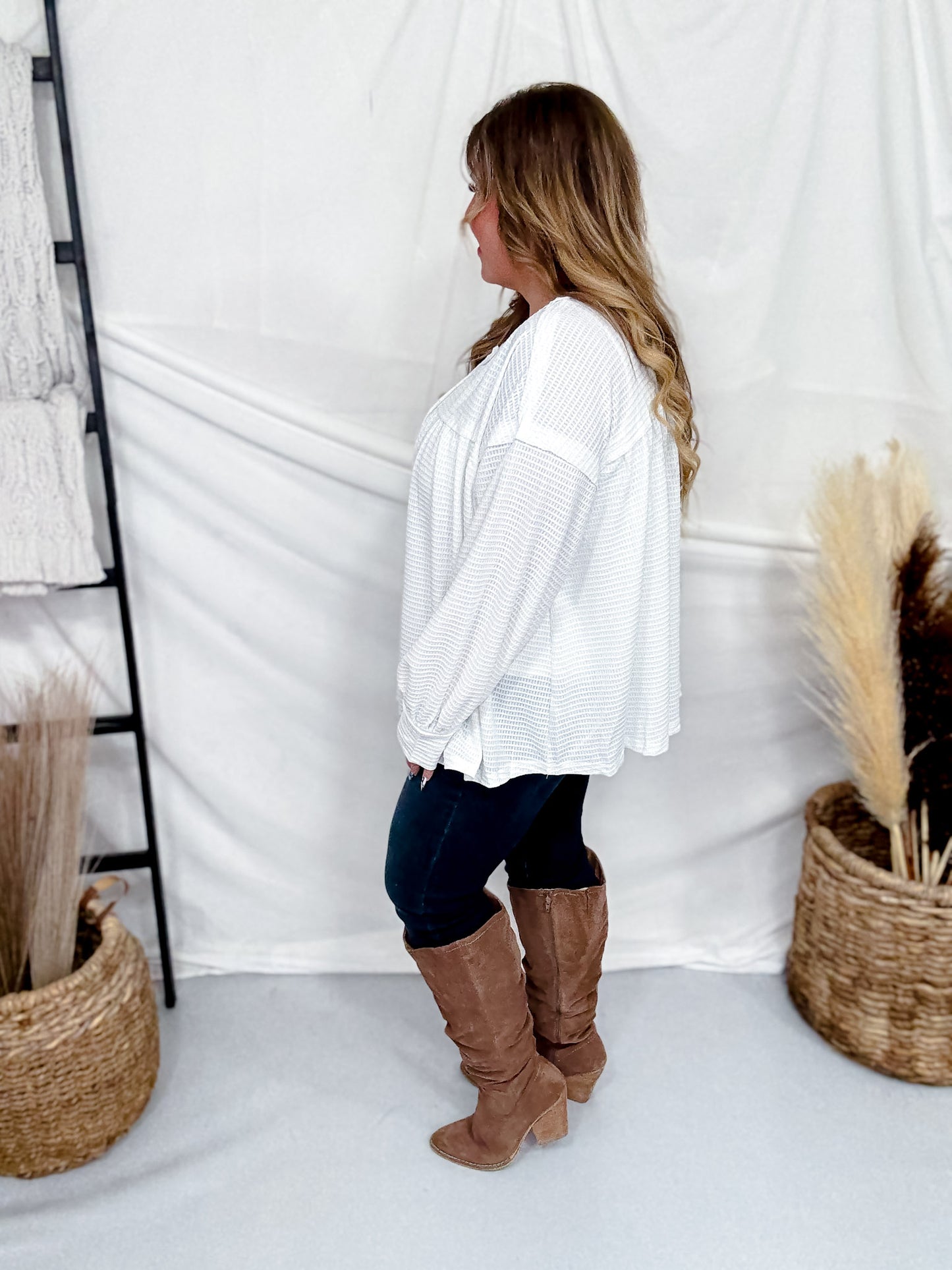 White Waffle Knit Long Sleeve Henley Top