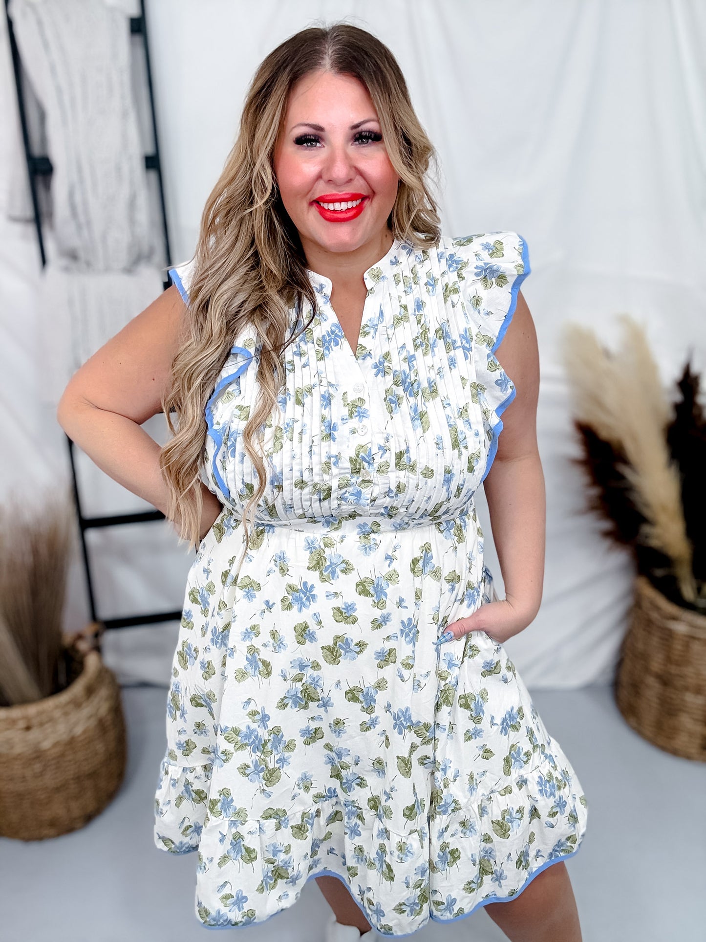 Flutter Sleeve Floral Dress W/ Elastic Waist & Side Pockets