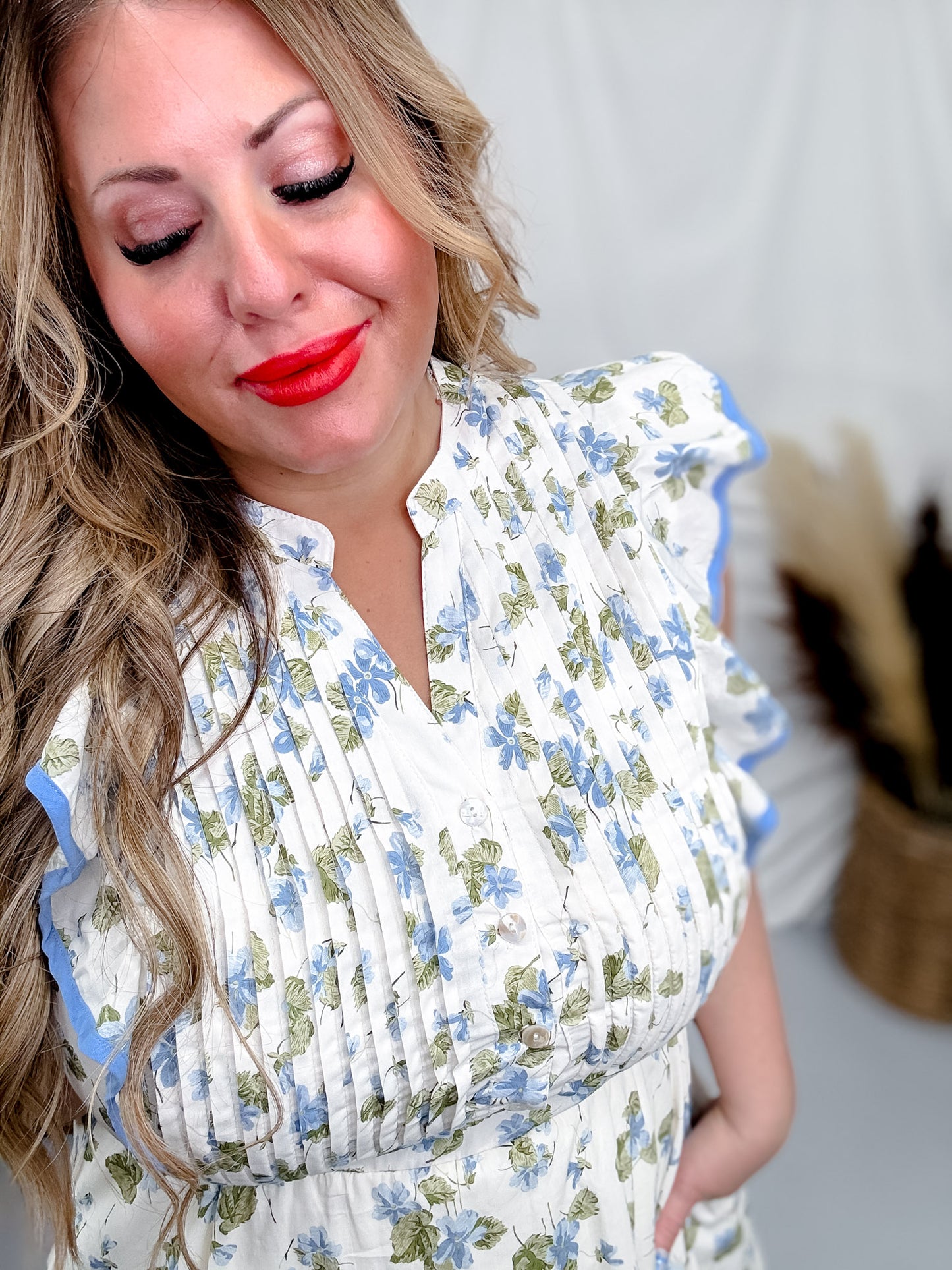 Flutter Sleeve Floral Dress W/ Elastic Waist & Side Pockets