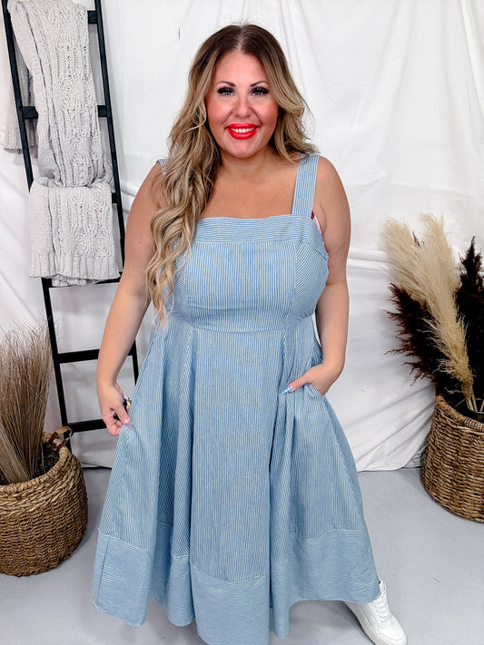 Sleeveless Pinstripe Knit Dress W/ Side Pockets & Back Smocking FINAL SALE