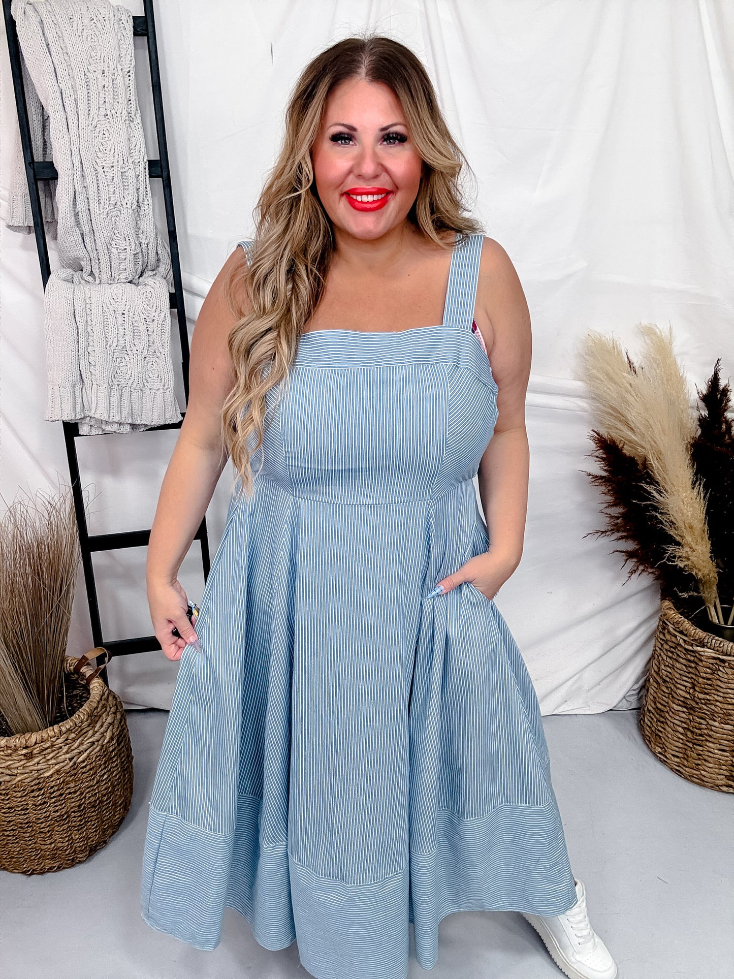 Sleeveless Pinstripe Knit Dress W/ Side Pockets & Back Smocking