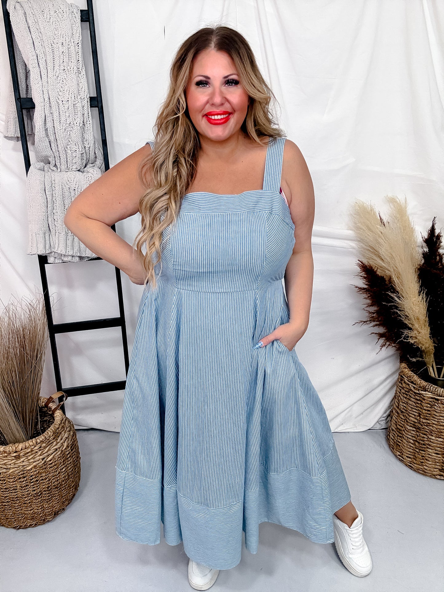 Sleeveless Pinstripe Knit Dress W/ Side Pockets & Back Smocking