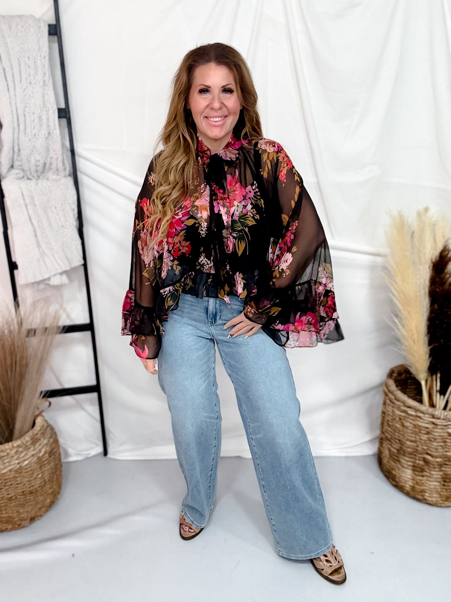 Black Chiffon Blouse With Pink Floral Print