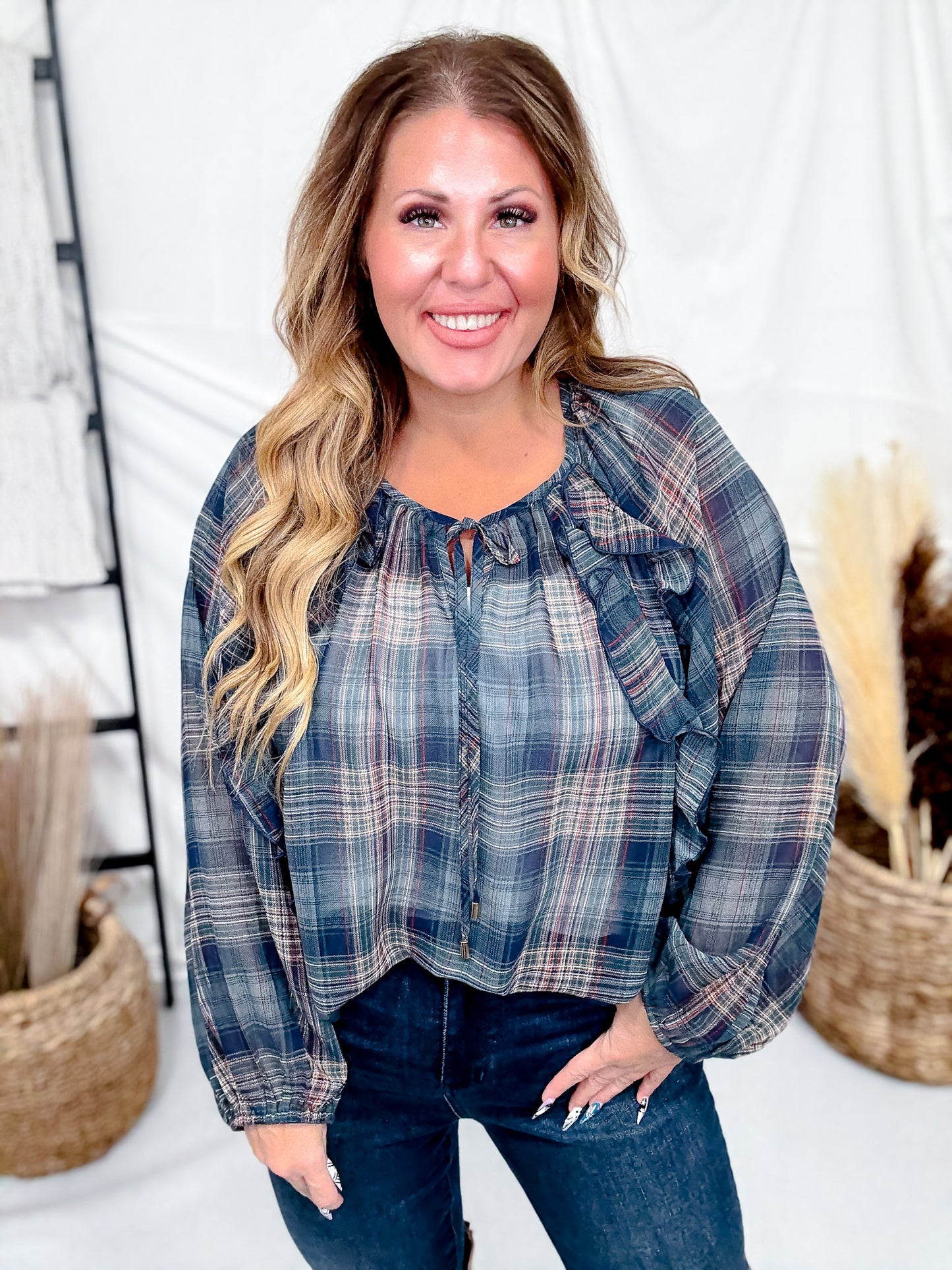 Green Plaid Peasant Blouse With Ruffle Trim