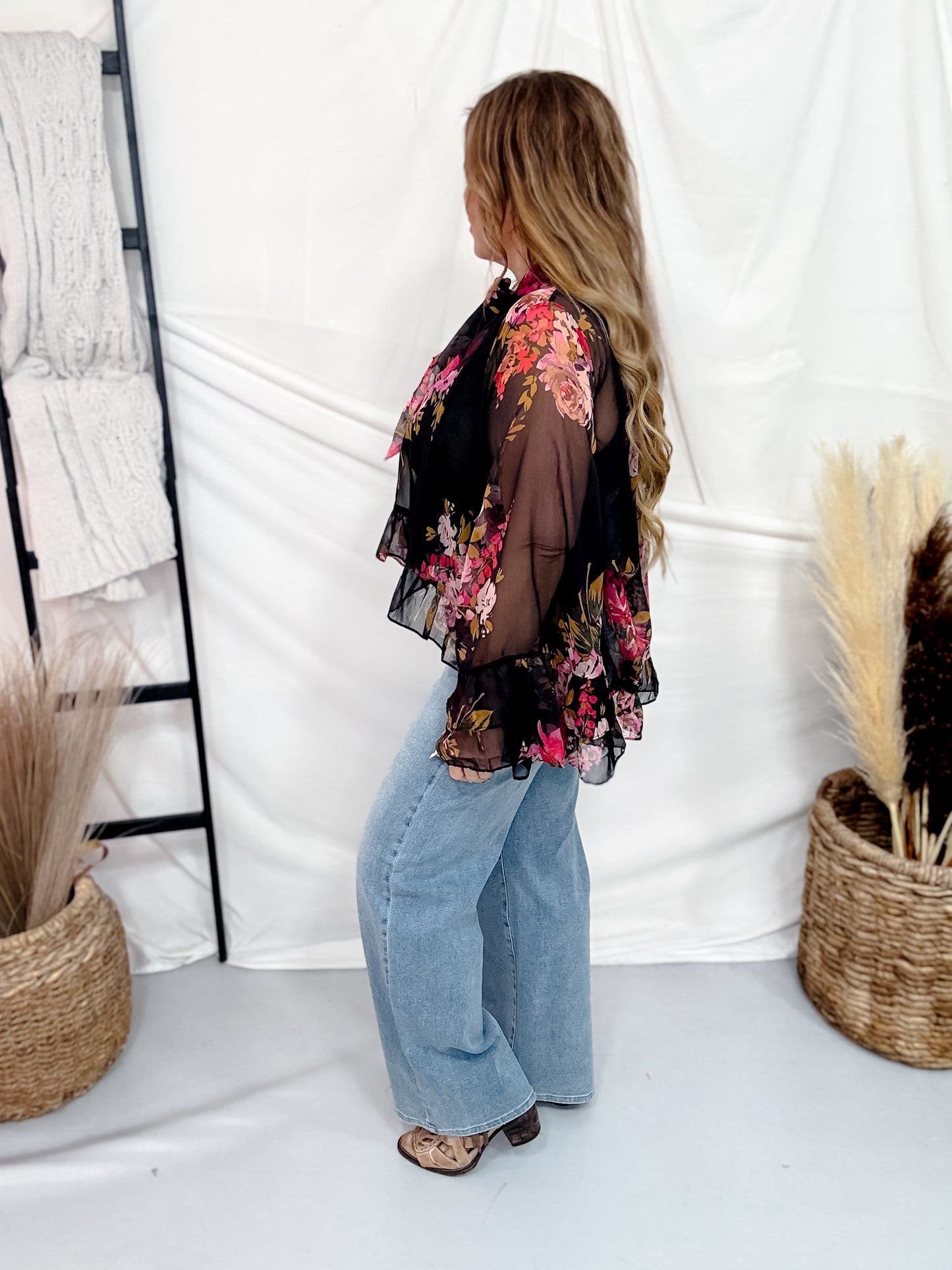 Black Chiffon Blouse With Pink Floral Print