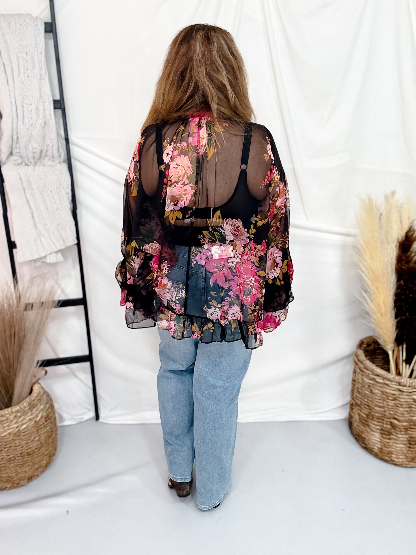Black Chiffon Blouse With Pink Floral Print
