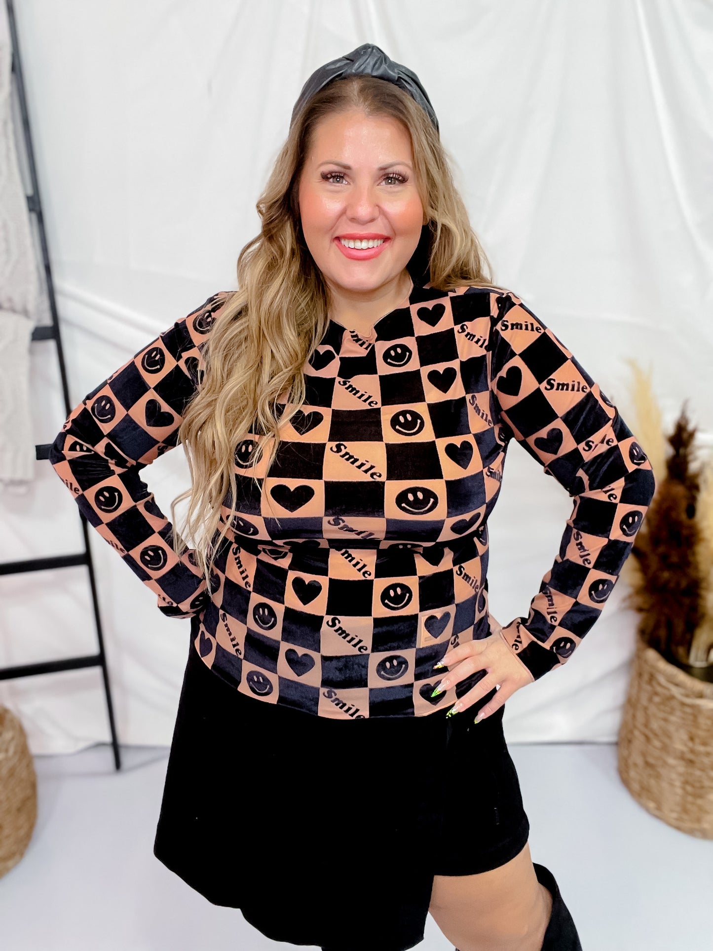 Black and Brown Smiley Checkered Mesh Layering Top