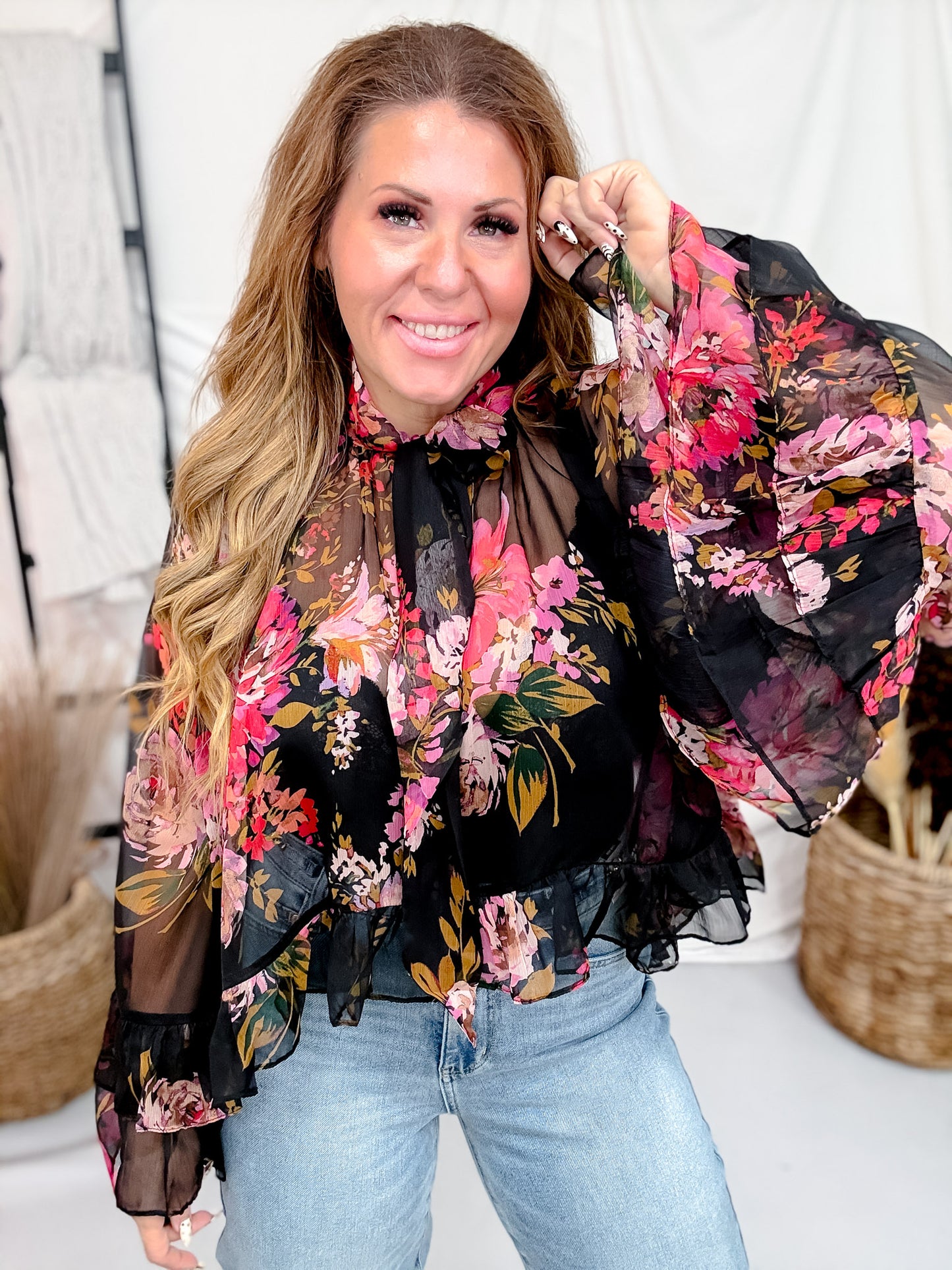 Black Chiffon Blouse With Pink Floral Print