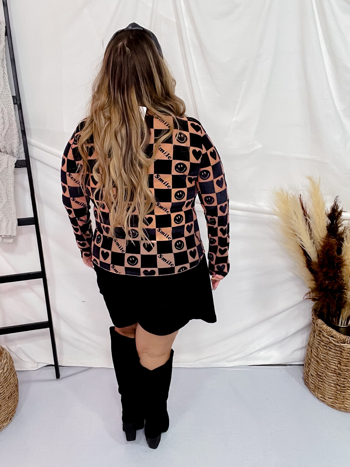 Black and Brown Smiley Checkered Mesh Layering Top