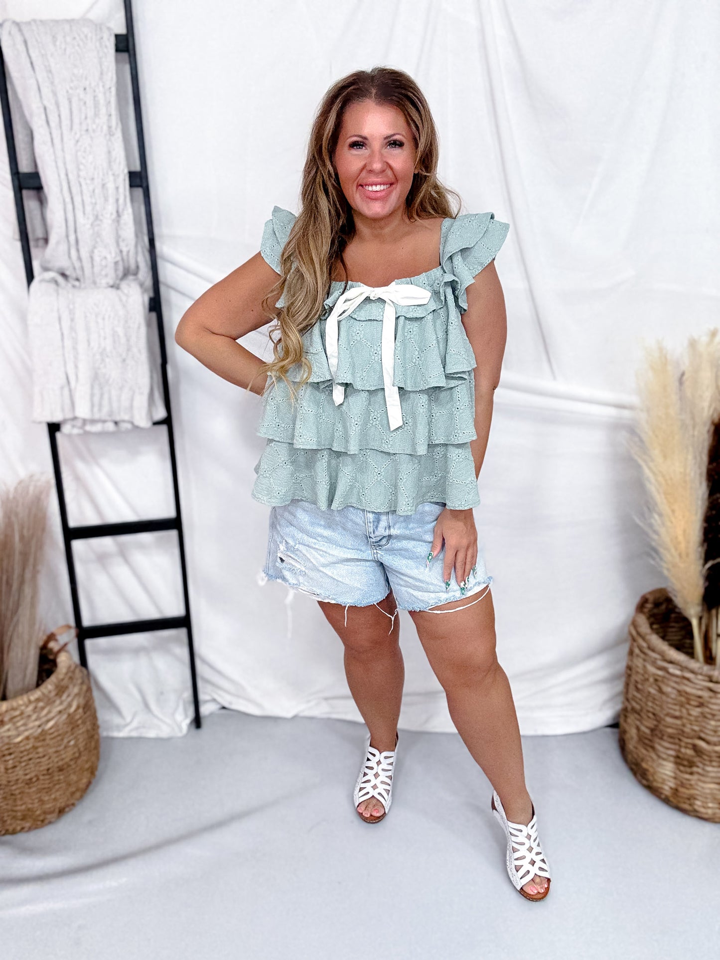 Sage Green Floral Eyelet Ruffle Tiered Top