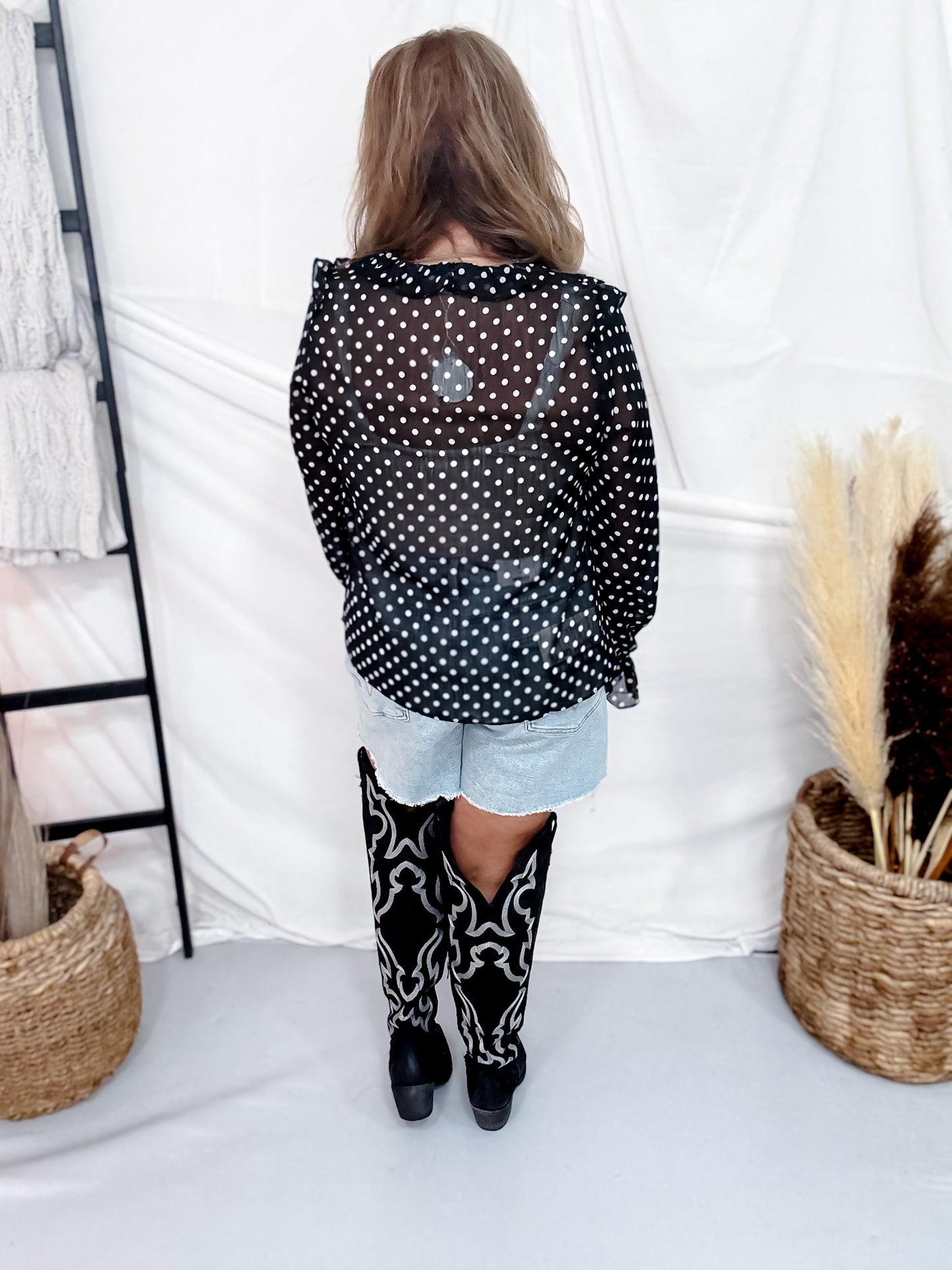 Black & White Polka Dot Blouse With Ruffle Sleeves & Neckline