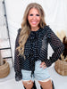 Black & White Polka Dot Blouse With Ruffle Sleeves & Neckline