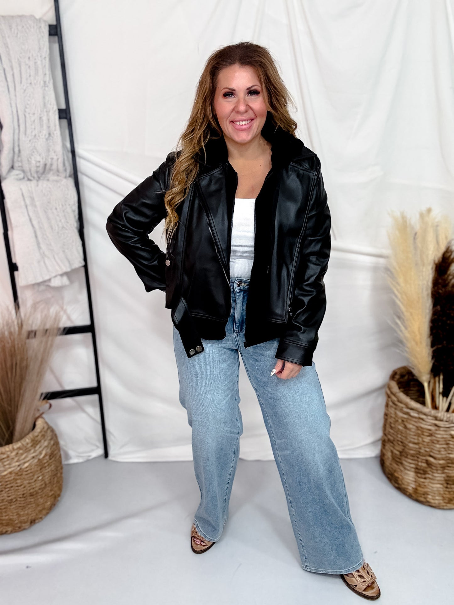 Faux Leather Moto Jacket With Layered Hoodie