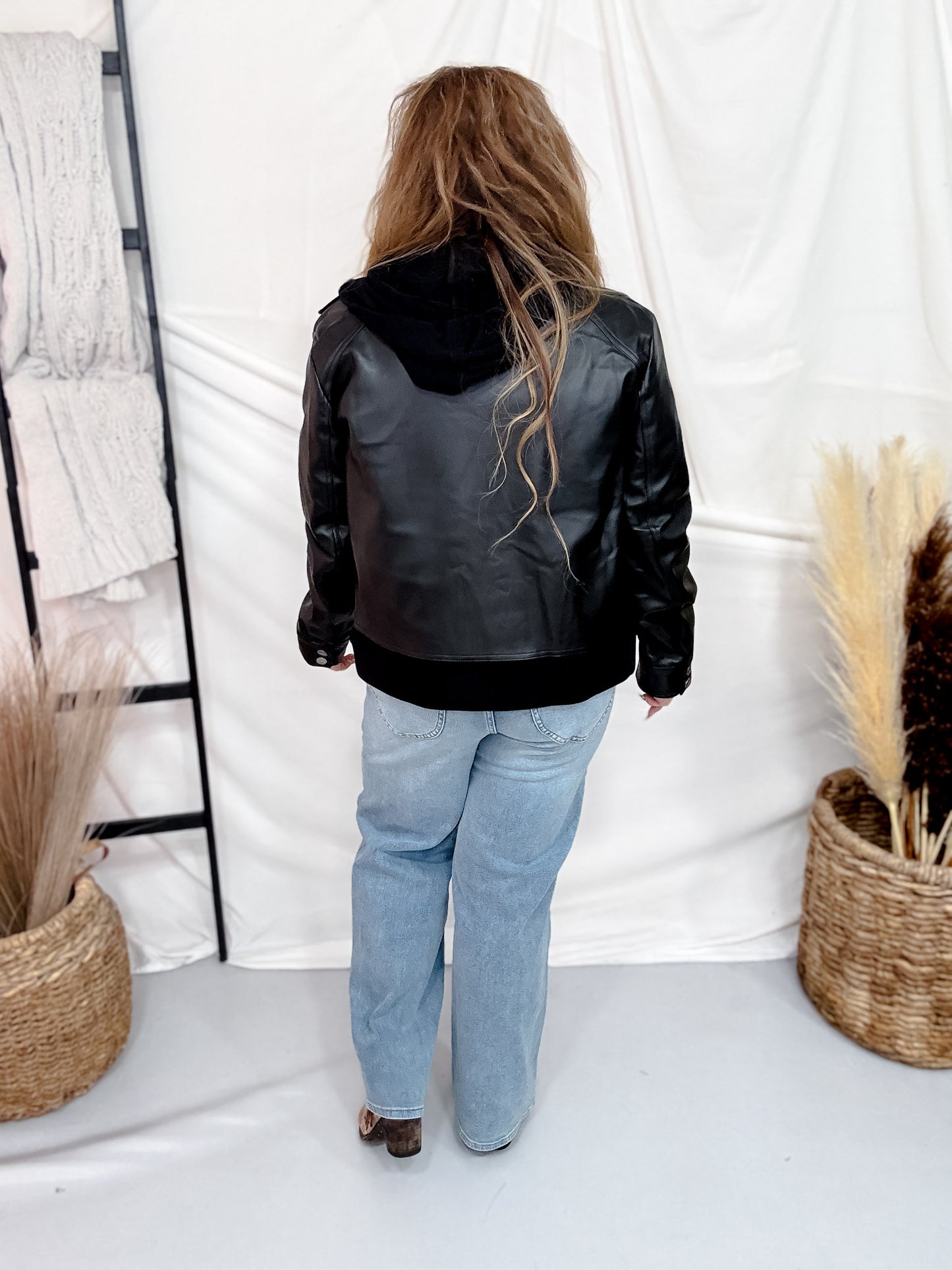 Faux Leather Moto Jacket With Layered Hoodie