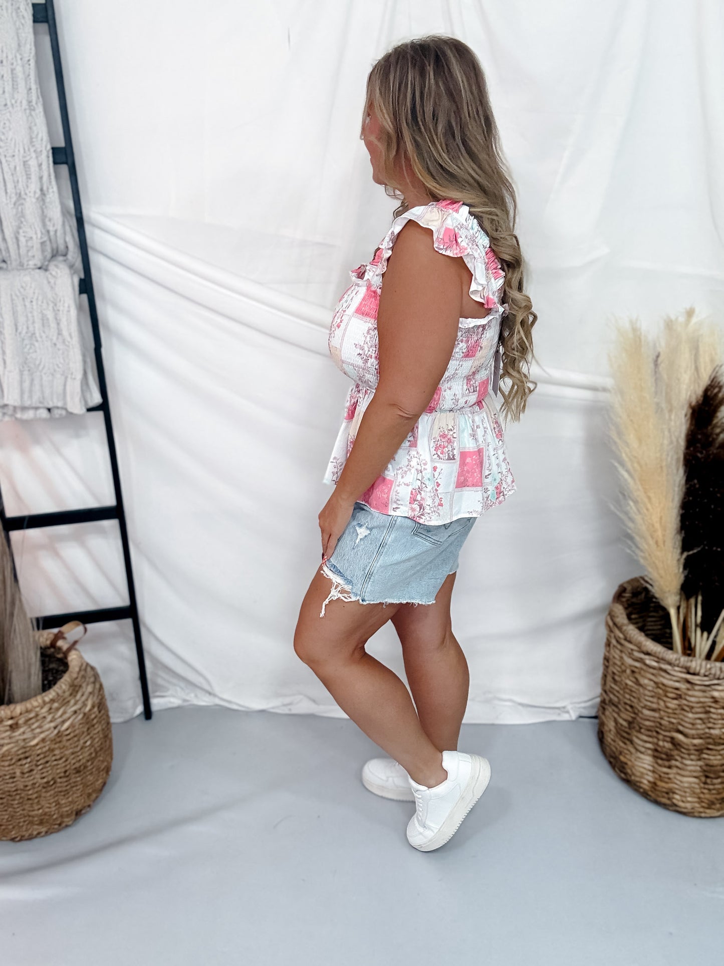 Pink Floral Patchwork Print Smocked Peplum Top