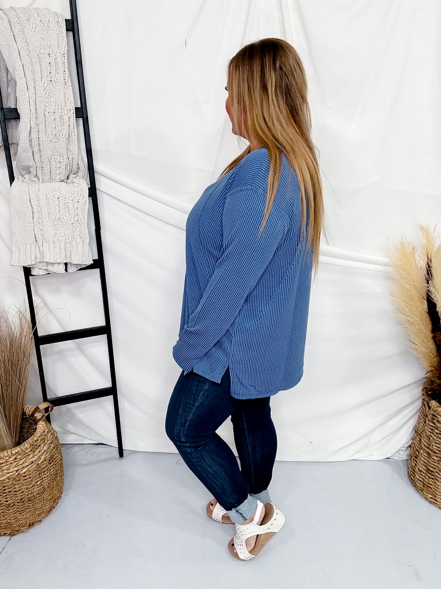 Relaxed Fit Long Sleeve Ribbed Tunic Top