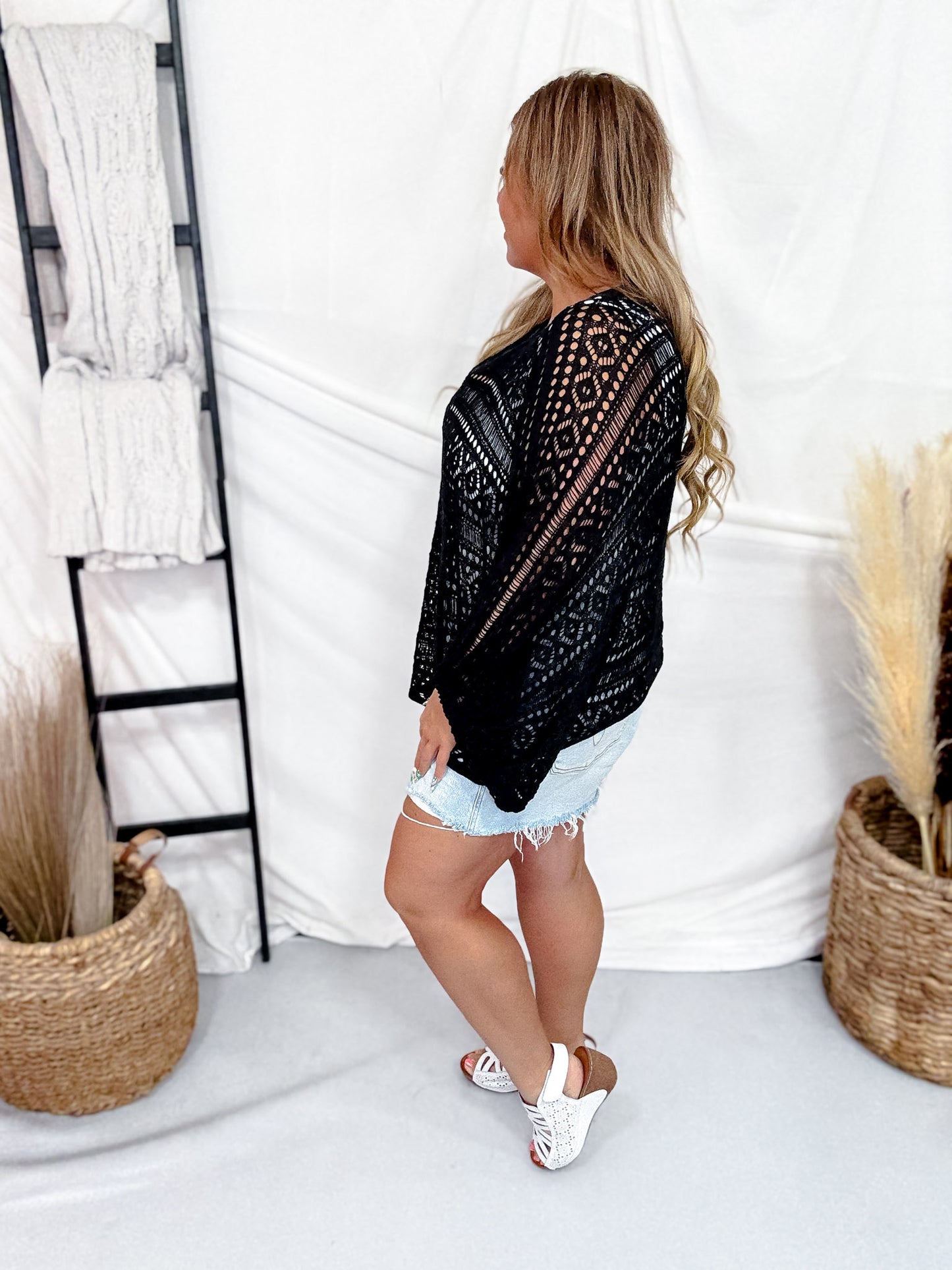 Black Open Knit Cover Up With Dolman Sleeves