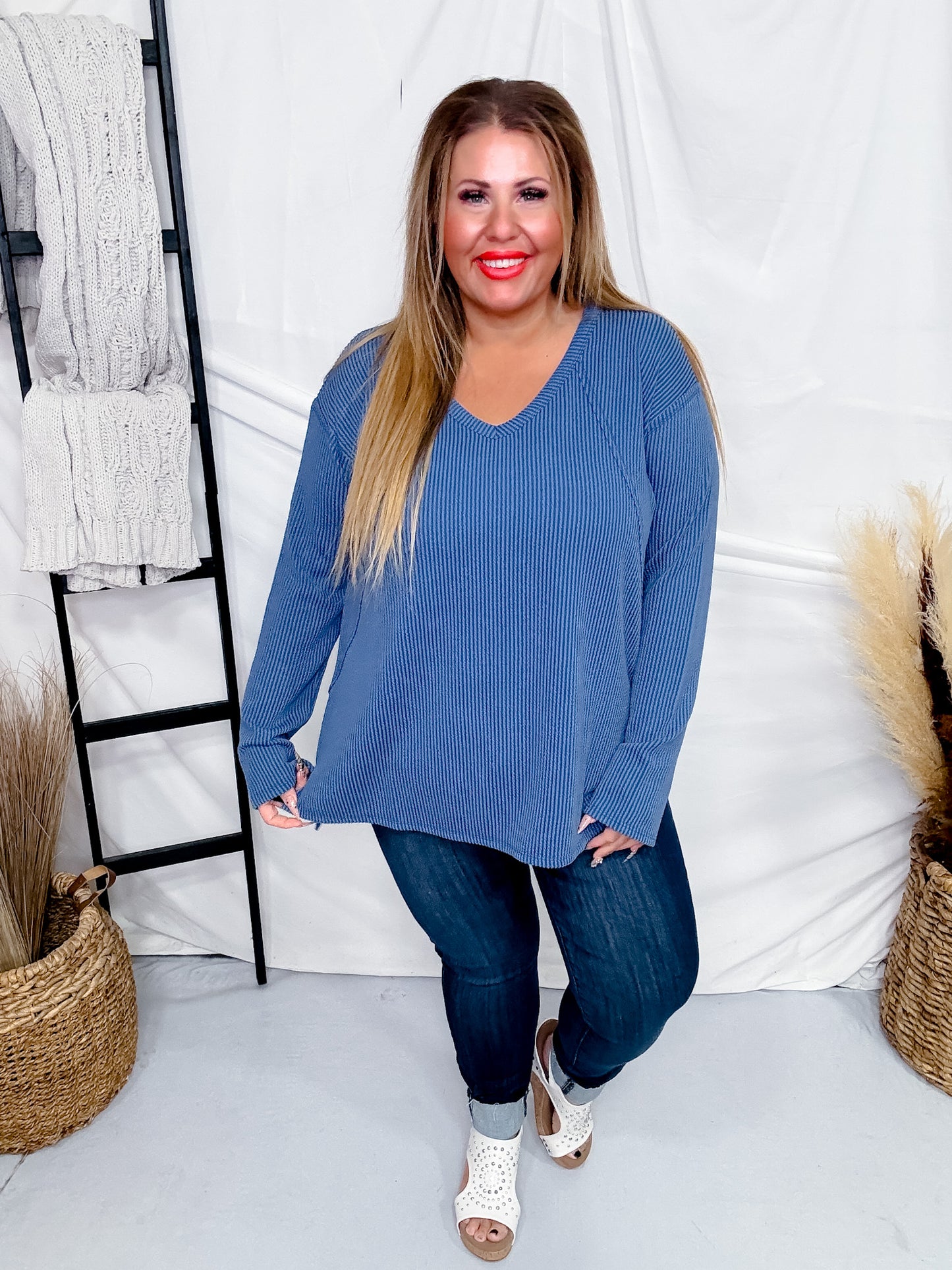 Relaxed Fit Long Sleeve Ribbed Tunic Top