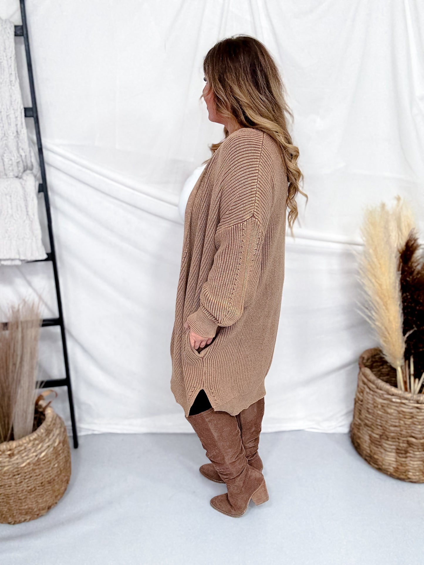 Washed Ash Brown Long Sleeve Open Cardigan W/ Side Pockets
