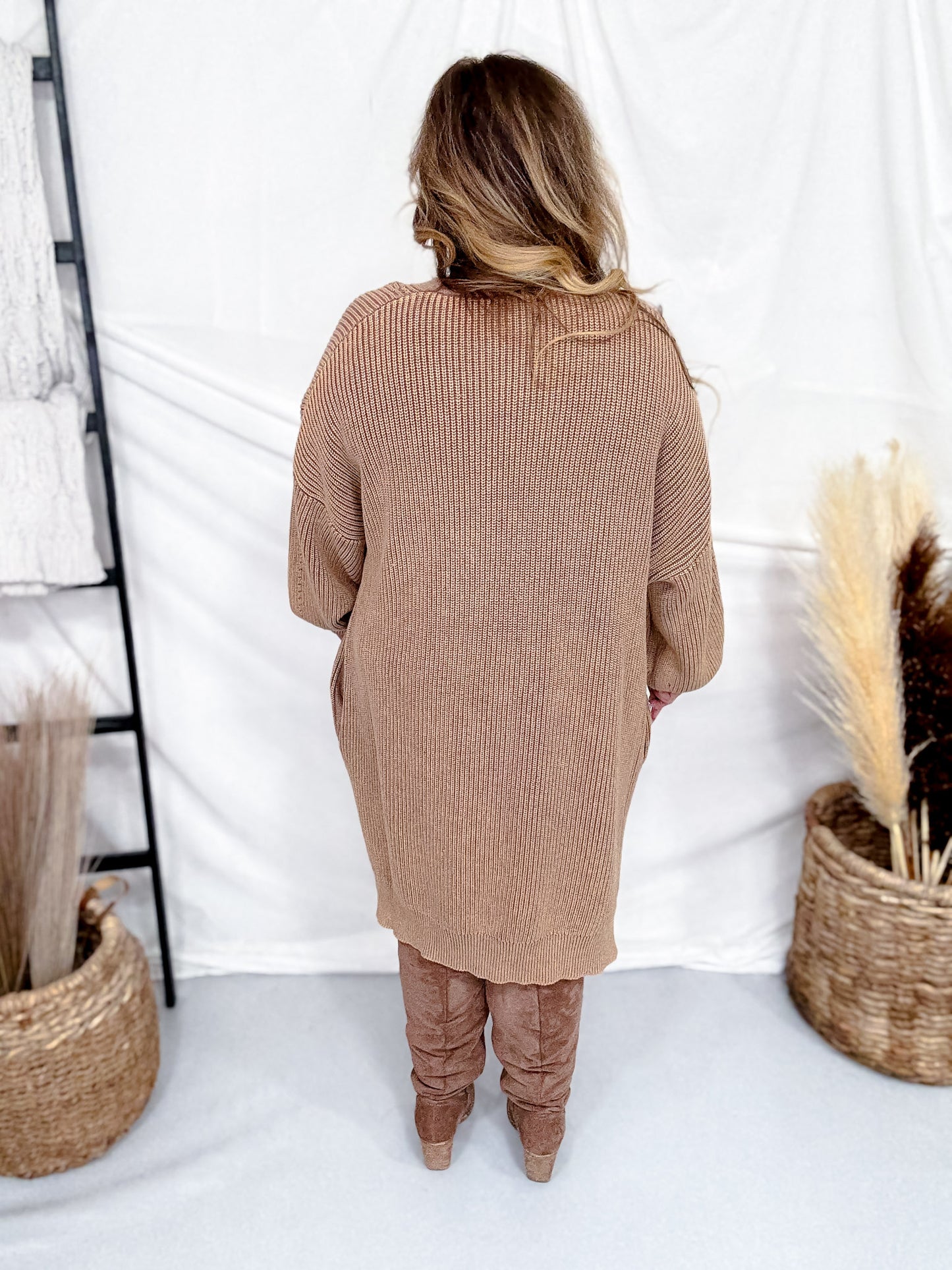 Washed Ash Brown Long Sleeve Open Cardigan W/ Side Pockets