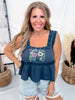 Navy Square Neck Tank Top W/ Floral Patch & Pearl Accents