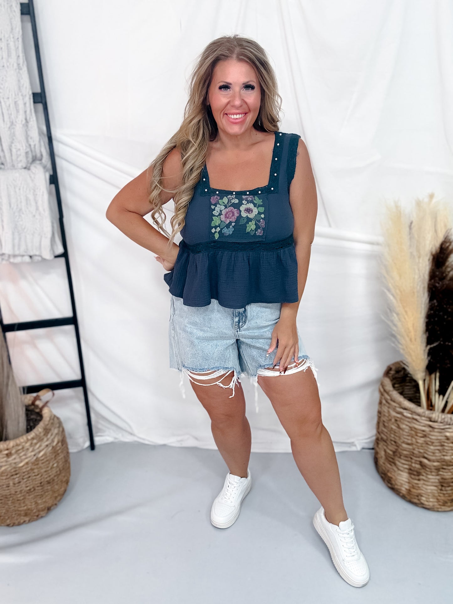 Navy Square Neck Tank Top W/ Floral Patch & Pearl Accents