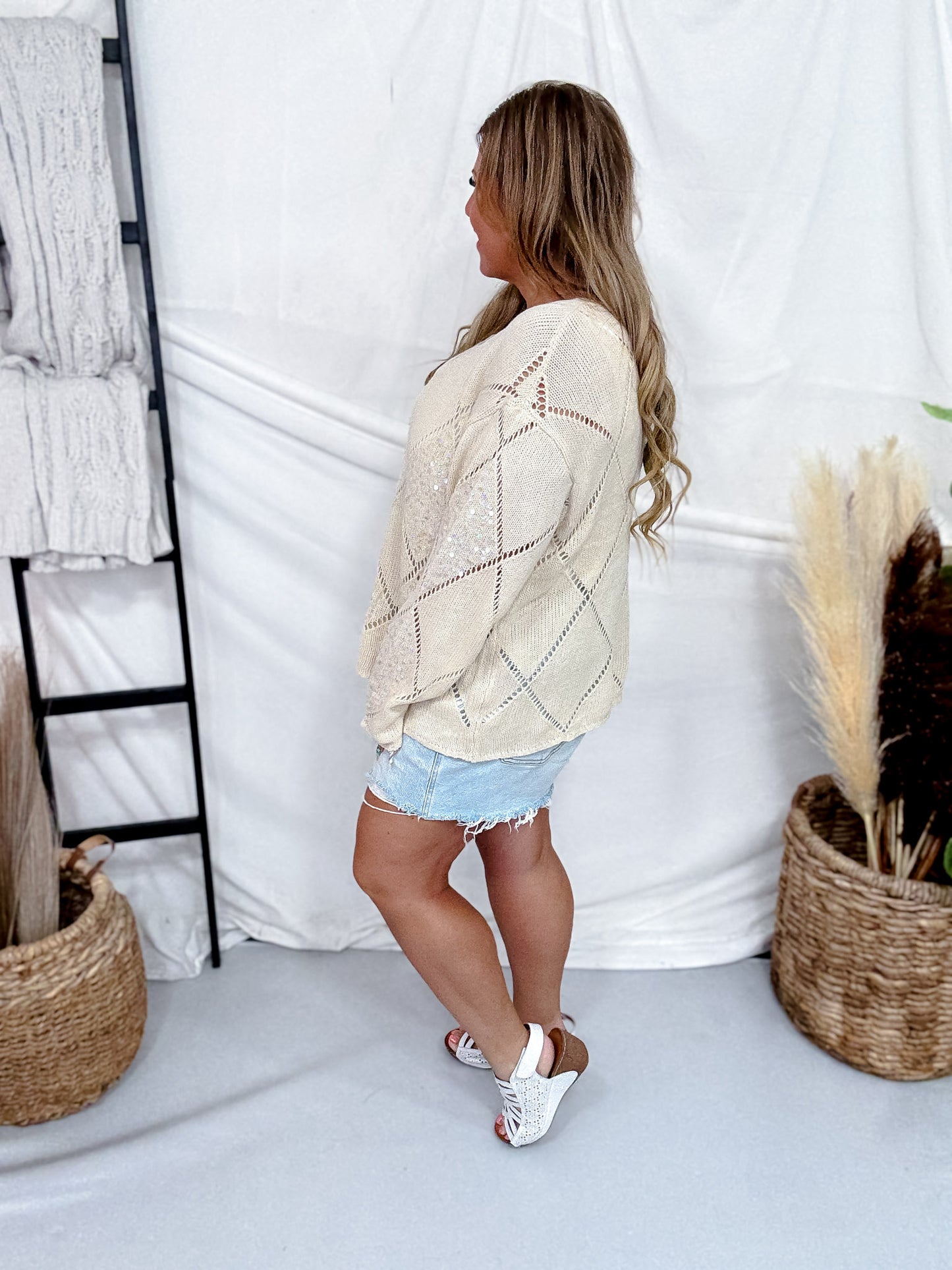 Diamond Patterned Knit Sweater With Sequin Accents