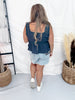 Navy Square Neck Tank Top W/ Floral Patch & Pearl Accents