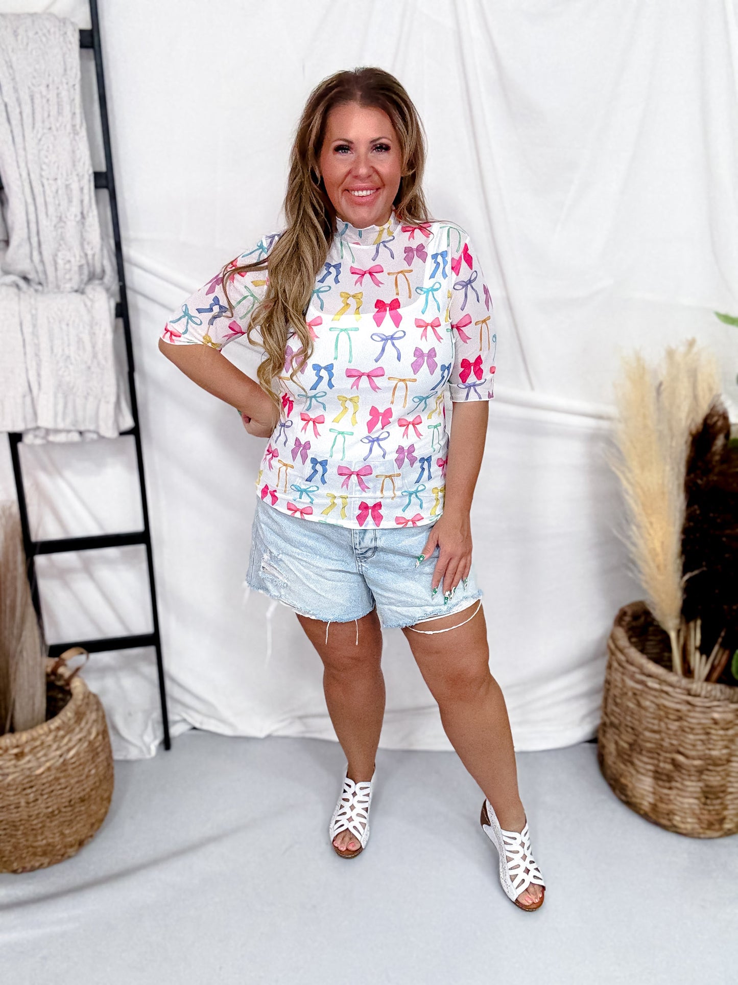 White Short Sleeve Mesh Top With Colorful Bow Print