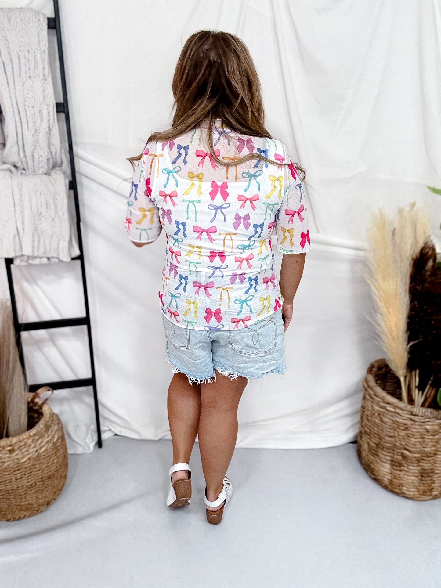 White Short Sleeve Mesh Top With Colorful Bow Print