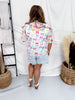 White Short Sleeve Mesh Top With Colorful Bow Print
