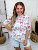 White Short Sleeve Mesh Top With Colorful Bow Print
