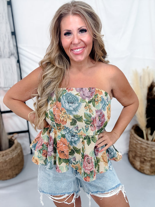 Floral Print Jacquard Strapless Peplum Top
