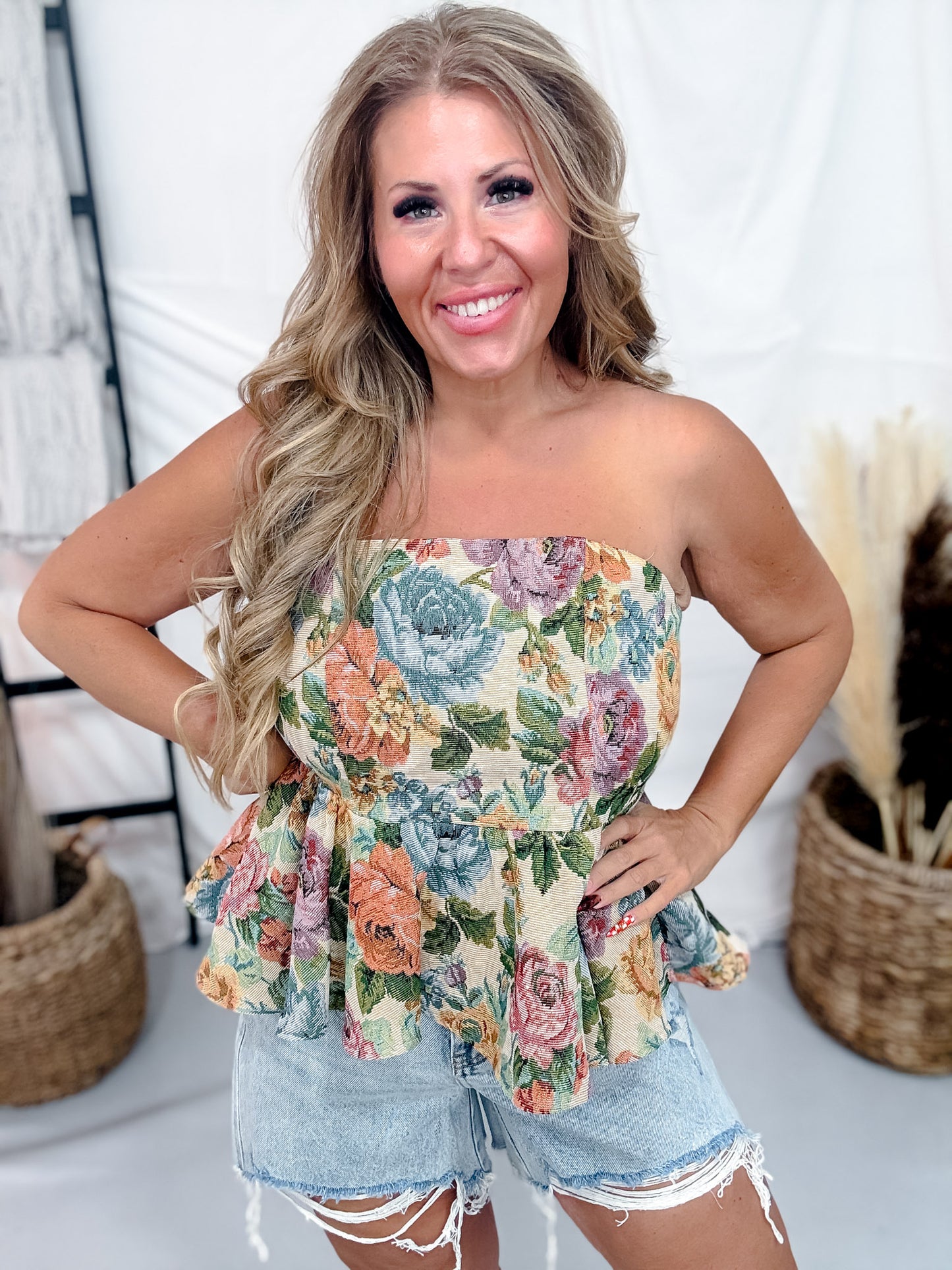 Floral Print Jacquard Strapless Peplum Top