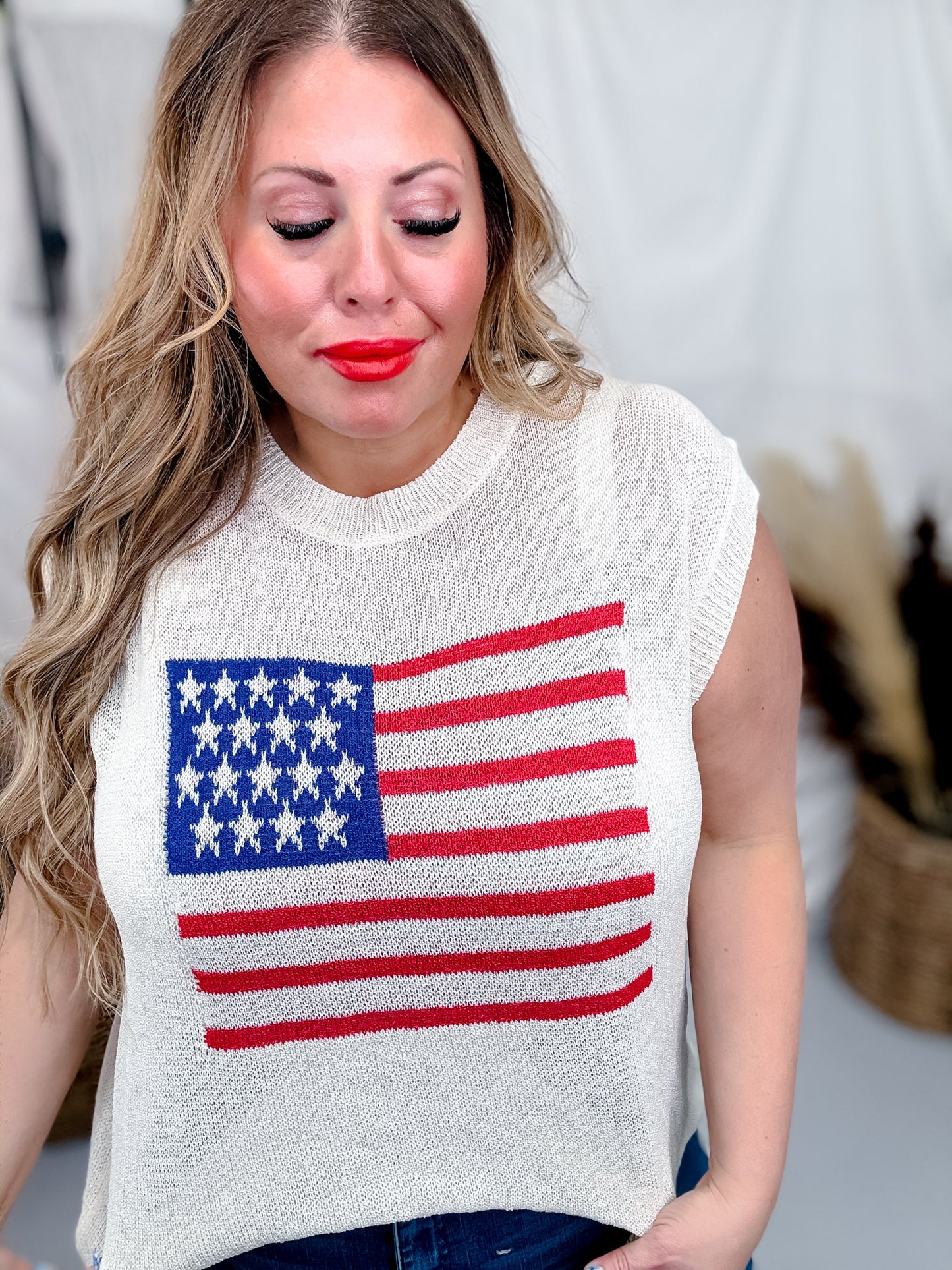 White American Flag Drop Shoulder Knit Pullover