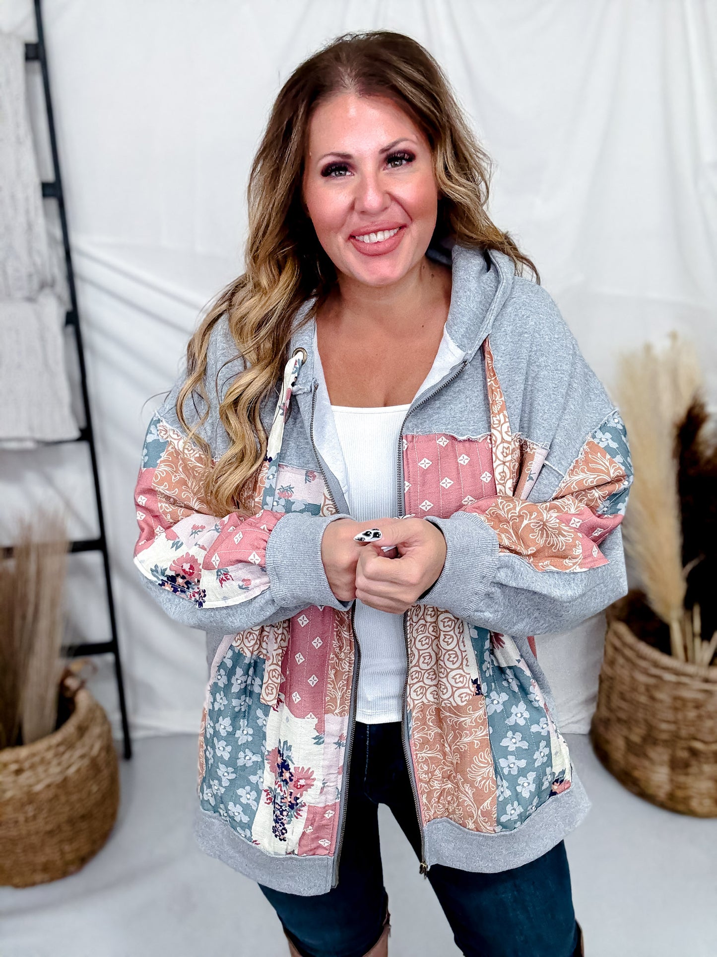 Multi Pattern & Color Fabric Patched Hoodie Jacket