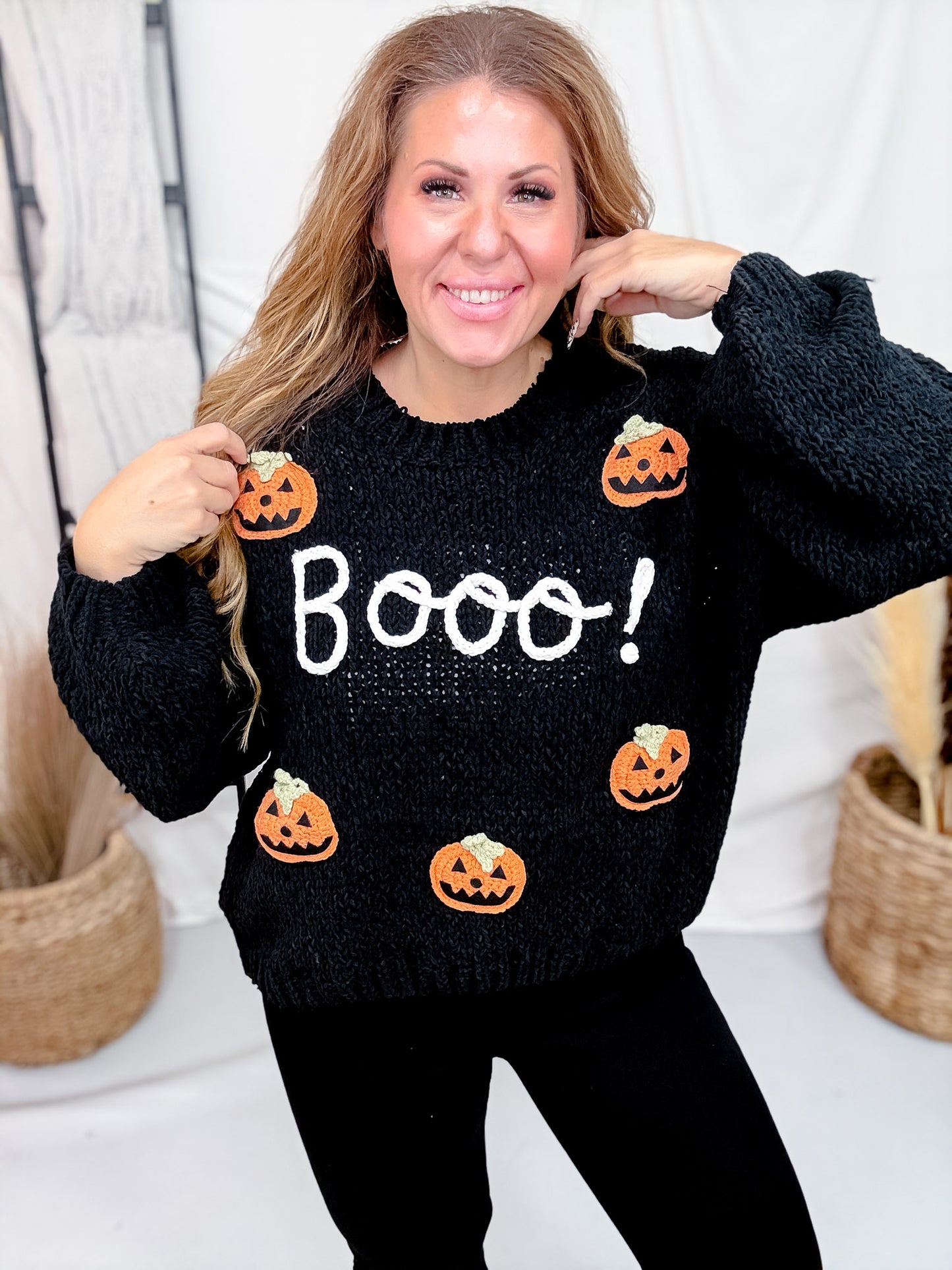 Boo! Chunky Knit Sweater With Jack-O-Lanterns