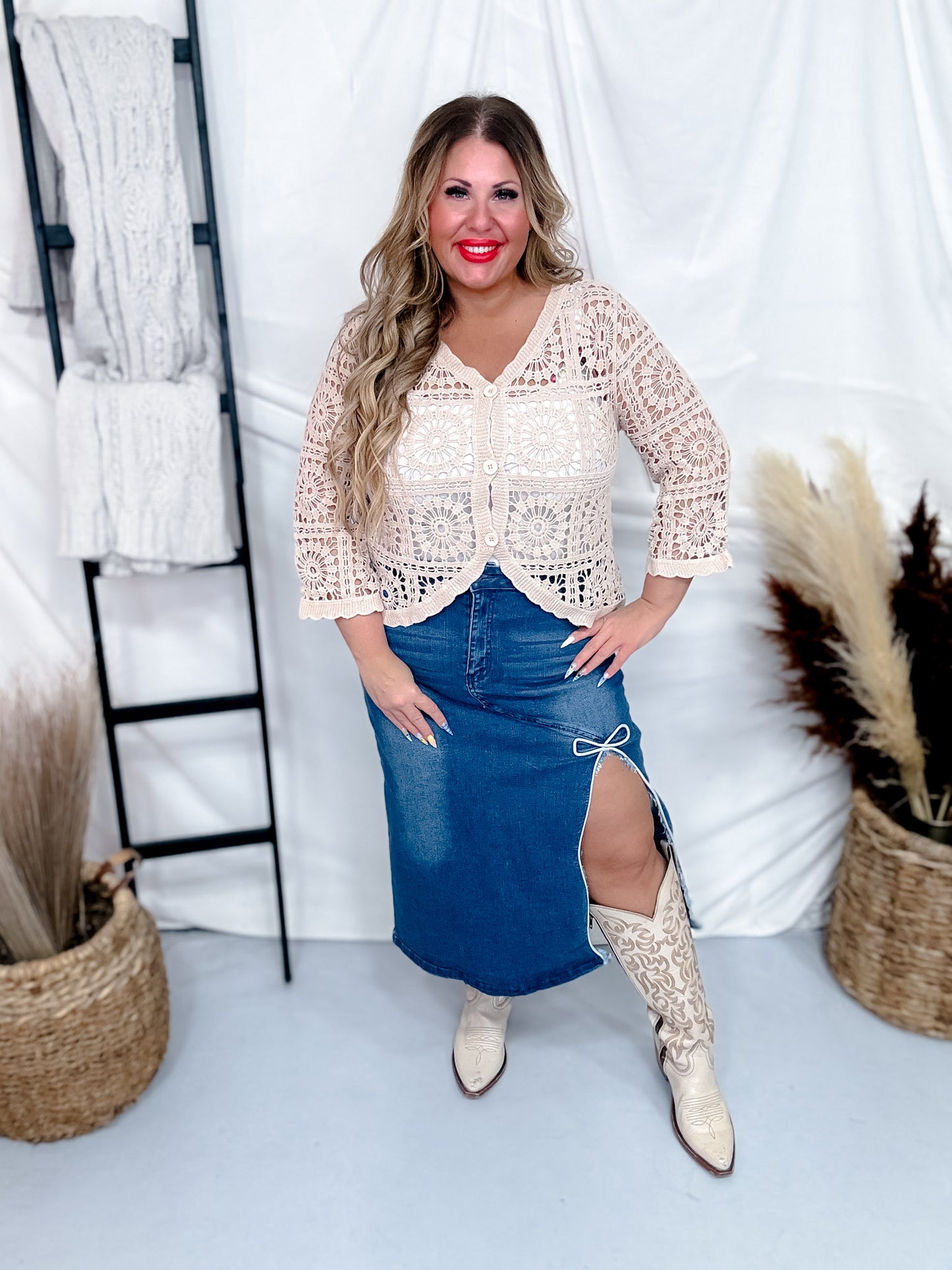 Taupe Crochet Short Button Down Cardigan