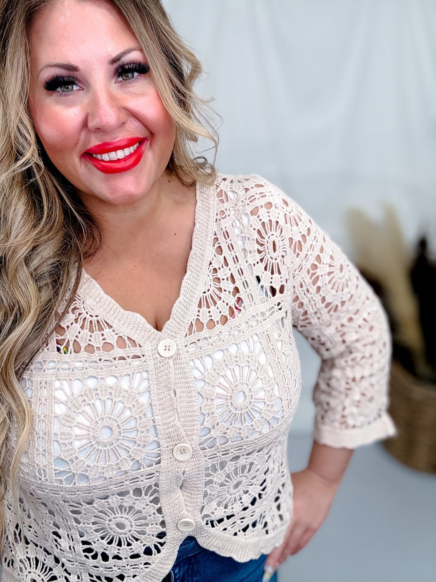 Taupe Crochet Short Button Down Cardigan