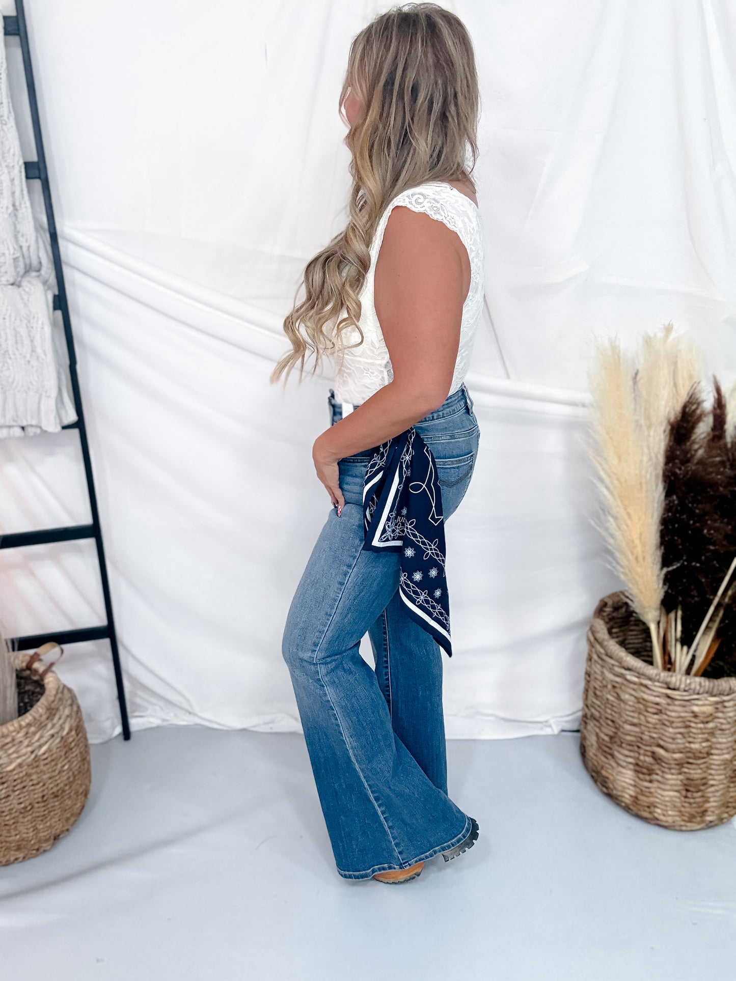 Judy Blue Mid Rise Flare Jeans W/ Bandana Loop