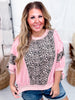 Washed Leopard And Light Denim Mixed Loose Top With Contrast Stitching