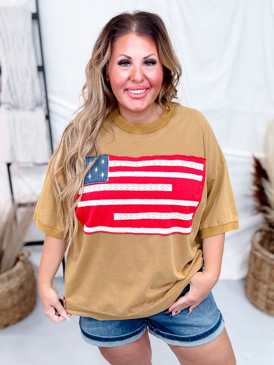 American Flag Short Sleeve Pullover Tunic in Camel Brown