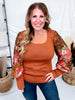 Rust Knit Top With Scalloped Neckline & Floral Balloon Sleeves