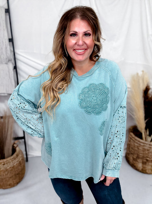 Teal Washed Terry Pullover With Eyelet Lace Sleeves