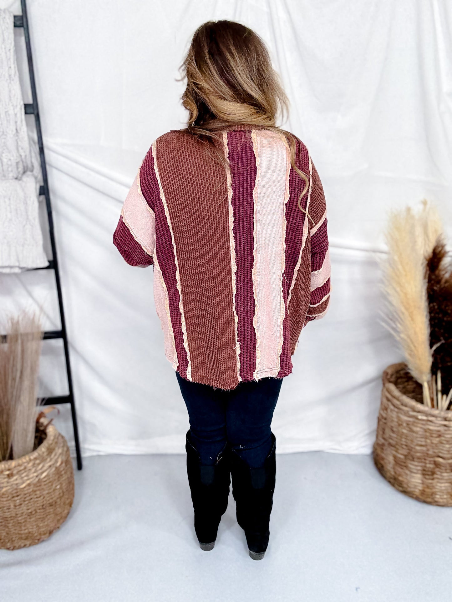 Wine, Blush, & Mauve Washed Color Block & Patchwork Cardigan