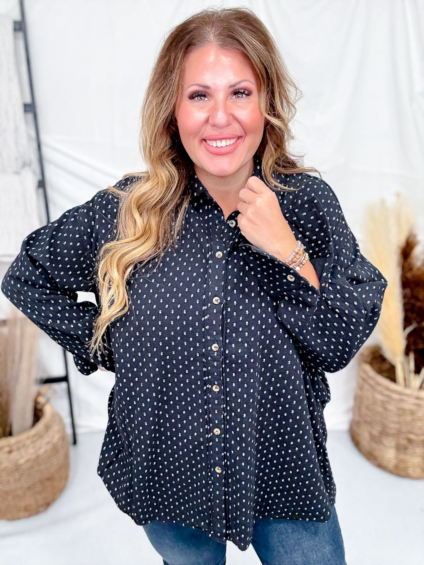 Black Floral Print Button Front Gauze Shirt