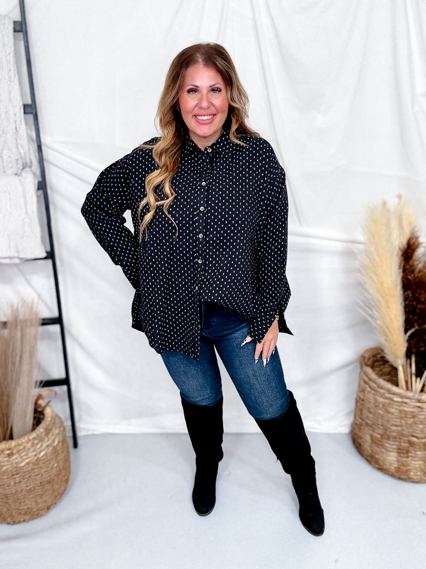 Black Floral Print Button Front Gauze Shirt