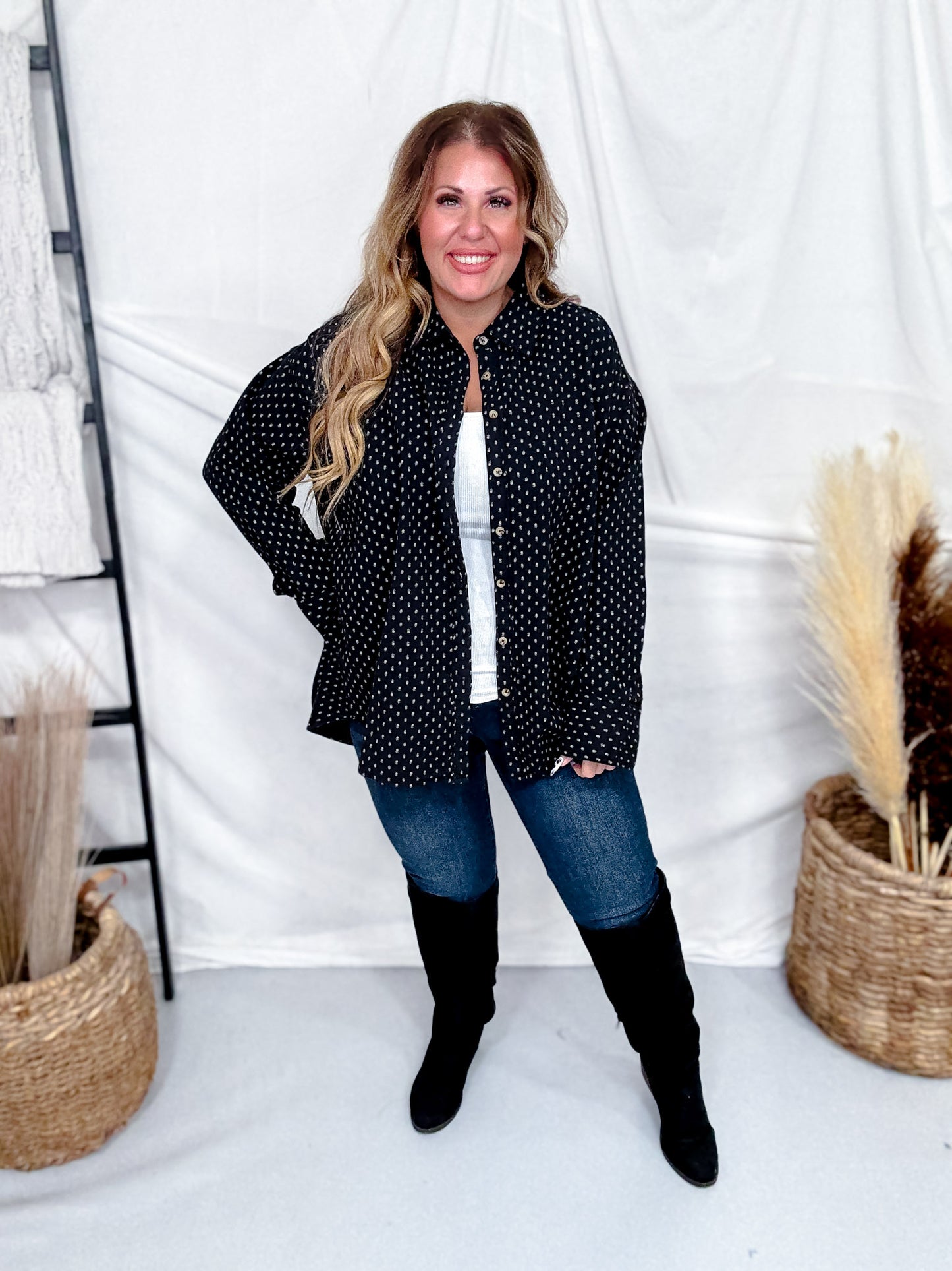 Black Floral Print Button Front Gauze Shirt
