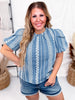 Emroidered Denim Double Layered Balloon Sleeves Blouse